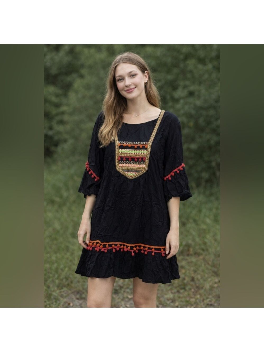 Black Dress with Floral Embroidery Red Orange Pom-Poms Cottagecore